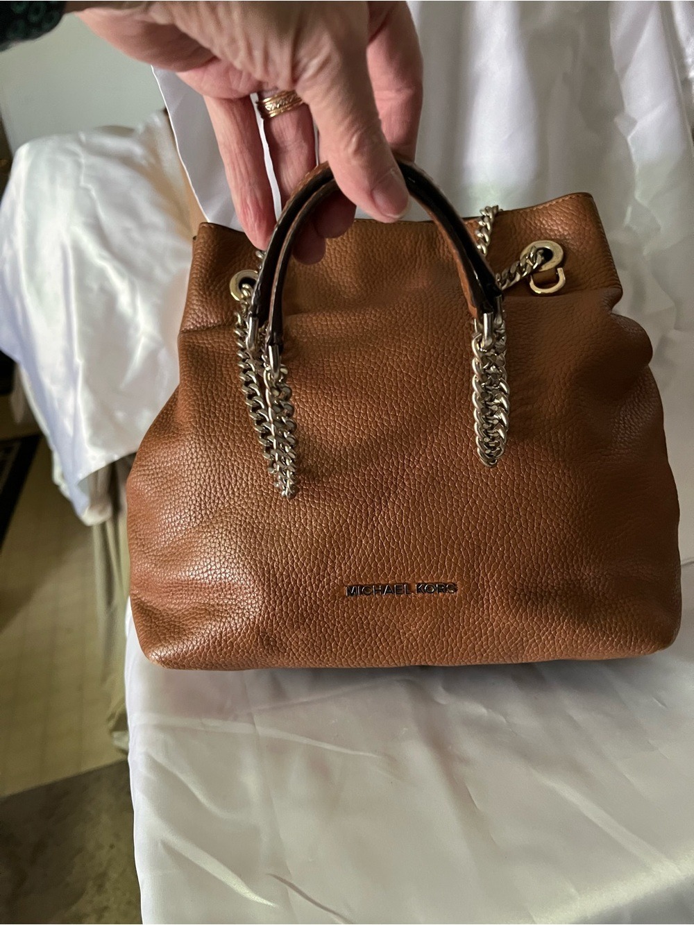 Michael Kors Cognac Pebbled Leather Shoulder/Crossbody Bag with Chain Straps - Picture 4 of 12